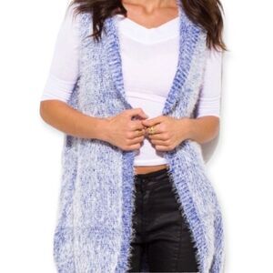 NEW Blue Ice Faux Fur Mid Length Sleeveless Open Front Hooded Teddy Jacket